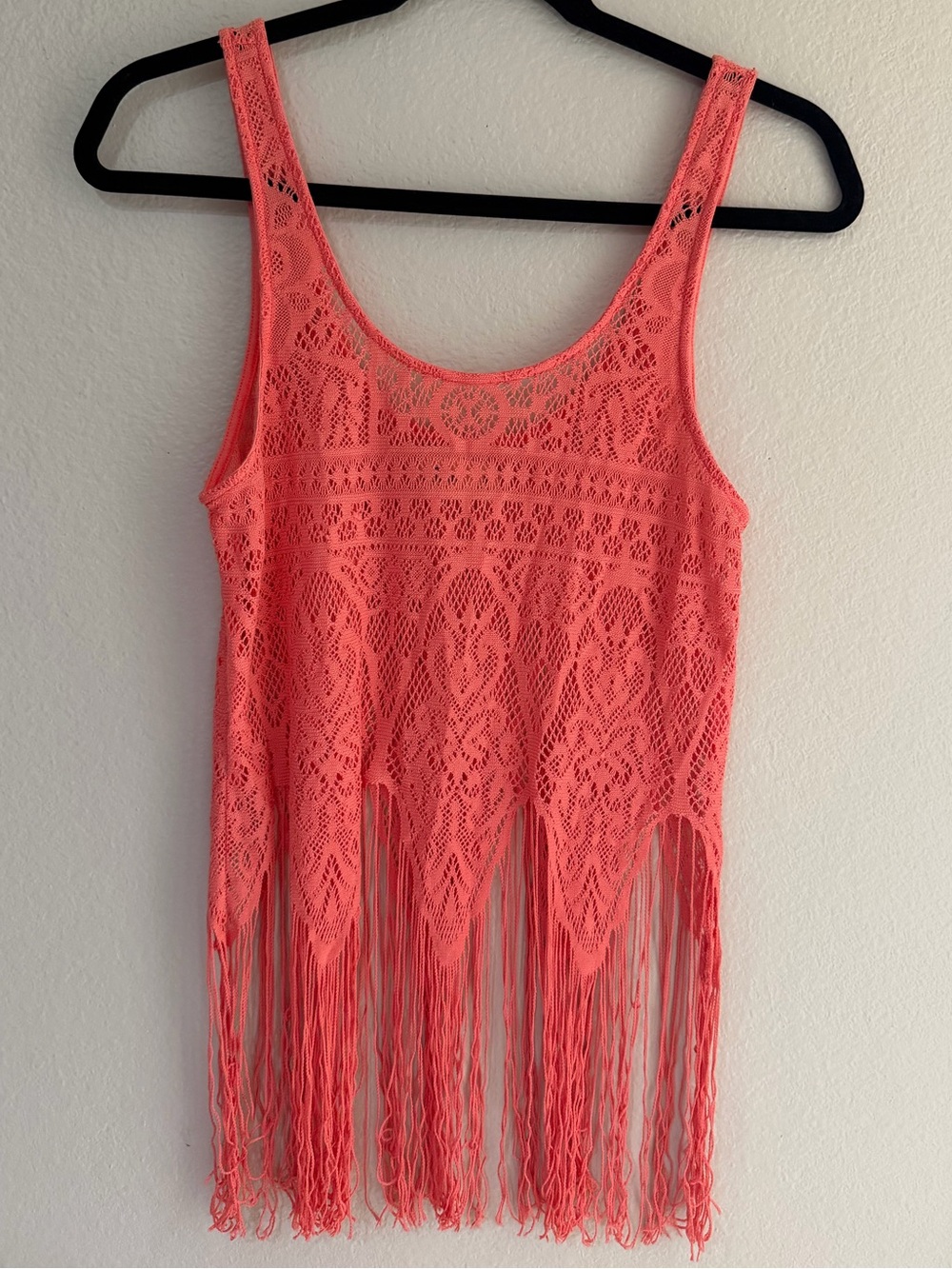 Hollister - Crocheted Top - Boho Tank - Fringe - Crop - Coral - Small - Lace